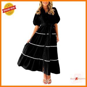 Summer Button Down Shirt Dress Puffy Sleeve Tiered Ruffle Flowy Maxi